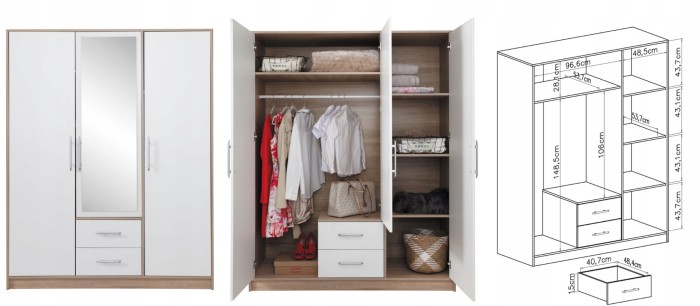 Garberobe Kleiderschrank SAM SR2 Weiß Lux Sonoma Spiegel'.jpg