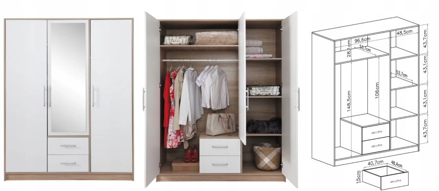 Kleiderschrank-Details: Außenansicht, Innenraum mit Kleiderstange und Maße der Fächer.