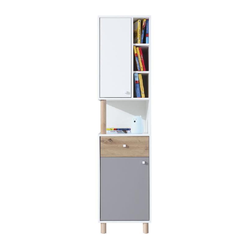 Schmaler Hochschrank in Weiß, Grau und Eichenoptik mit Schublade und offenen Regalen.
