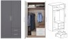2-türiger grauer Kleiderschrank mit Schubladen, Innenraum-Details und Maßangaben.
