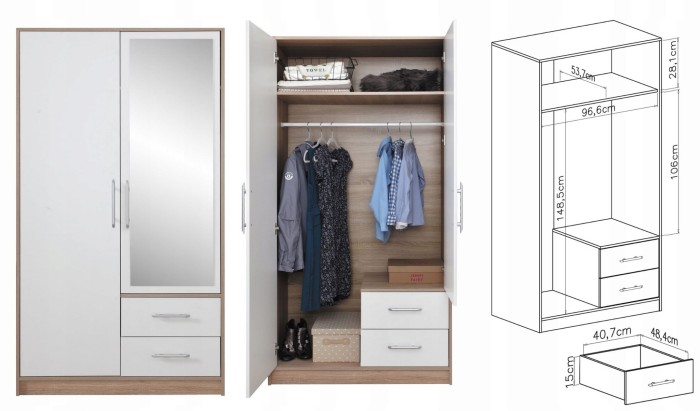 Garberobe Kleiderschrank SAM SR3 Weiß Lux Sonoma Spiegel'.jpg