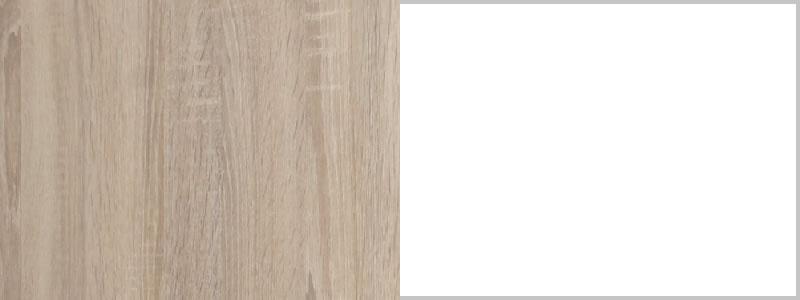 Materialübersicht: Hellbraune Holzmaserung und weiße Möbelfront-Kombination.