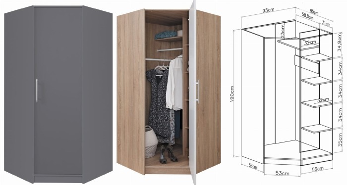 Grauer Eckkleiderschrank: Außenansicht, Innenleben und Maßzeichnung.