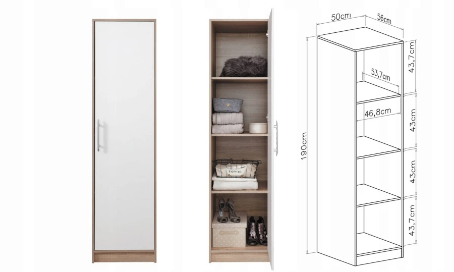 Schmaler Mehrzweckschrank in Weiß und Eiche mit Maßen und Innenaufteilung