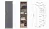 Grauer Hochschrank mit Maßen (190x50x56 cm) und praktischer Inneneinteilung.