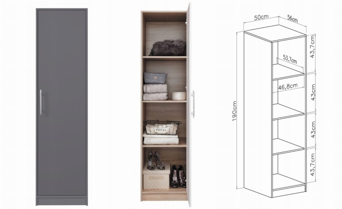 Grauer Hochschrank mit Maßen (190x50x56 cm) und praktischer Inneneinteilung.