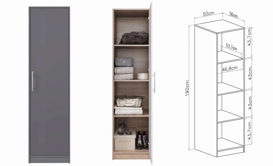 Grauer Hochschrank mit Maßen (190x50x56 cm) und praktischer Inneneinteilung.