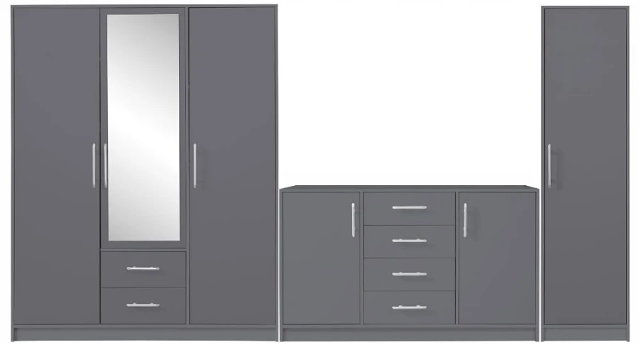 Dreiteiliges Schlafzimmer-Möbelset in Grau mit Kleiderschrank und Kommode