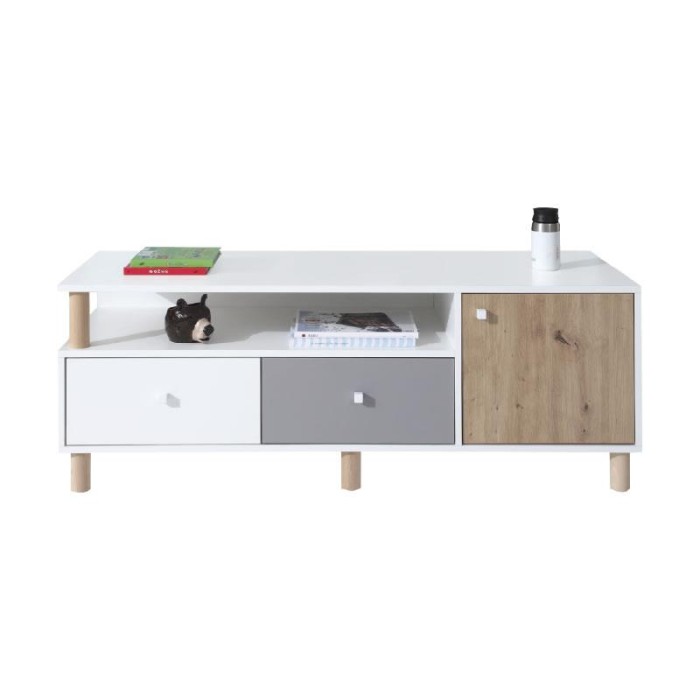 Modernes Lowboard in Weiß, Grau und Eiche mit zwei Schubladen und Holzfüßen.