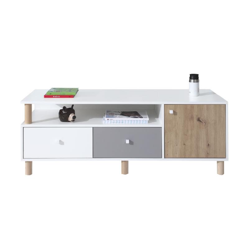 Modernes Lowboard in Weiß, Grau und Eiche mit zwei Schubladen und Holzfüßen.