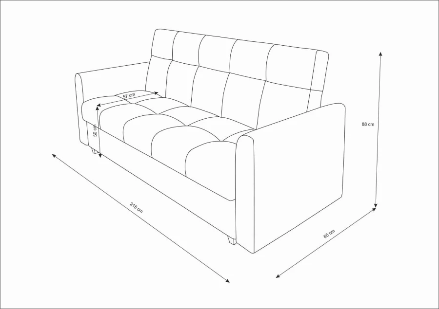 Maßskizze 3-Sitzer Sofa 215x88x85 cm mit abgesteppter Sitzfläche.
