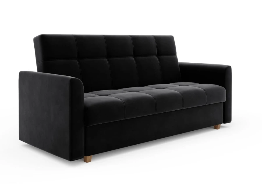 Schwarzes Schlafsofa aus Samt mit dekorativer Steppung und Holzfüßen.