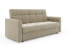 Beiges Schlafsofa aus Samt mit quadratischer Steppung und Holzbeinen.