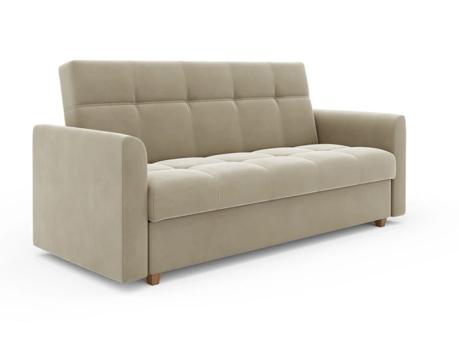 Beige fluwelen slaapbank met vierkant stiksel en houten poten.