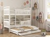 Weißes Etagenbett aus Holz mit Ausziehbett und Schubladen im Kinderzimmer.