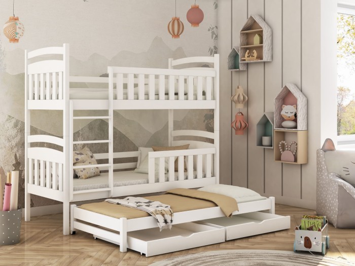 Weißes Etagenbett aus Holz mit Ausziehbett und Schubladen im Kinderzimmer.