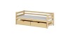 Children's bed made of natural wood with two spacious bed drawers and white mattress.