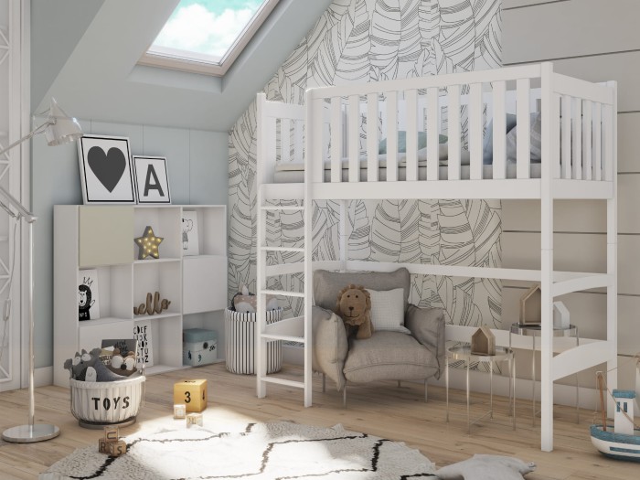 Weißes Hochbett im Kinderzimmer mit gemütlicher Leseecke und Sessel unter der Liegefläche.