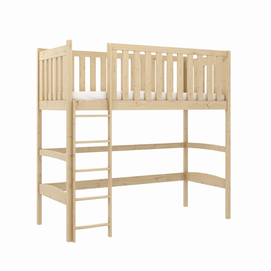 Hochbett in Kiefer Natur aus Massivholz mit integrierter Leiter für das Kinderzimmer.
