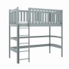 Graues Kinderhochbett aus Holz mit Leiter und Absturzsicherung, schlichtes Design.