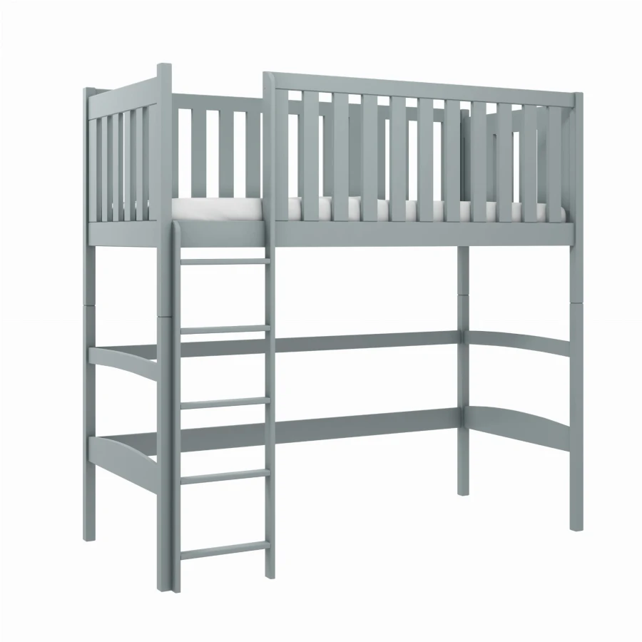 Graues Kinderhochbett aus Holz mit Leiter und Absturzsicherung, schlichtes Design.