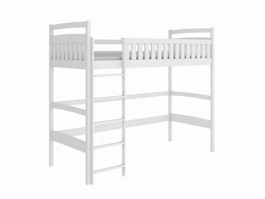 Weiß lackiertes Kinderhochbett aus Massivholz mit Leiter, zeitloses Design.