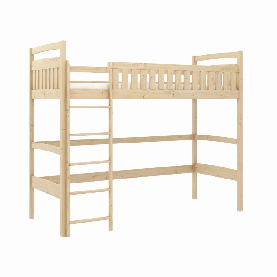Naturfarbenes Hochbett aus Kiefer Massivholz mit Leiter, robuster Look.