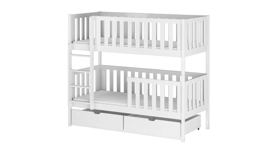 Weißes Kinder-Etagenbett aus Holz mit zwei Schubladen und Rausfallschutz.