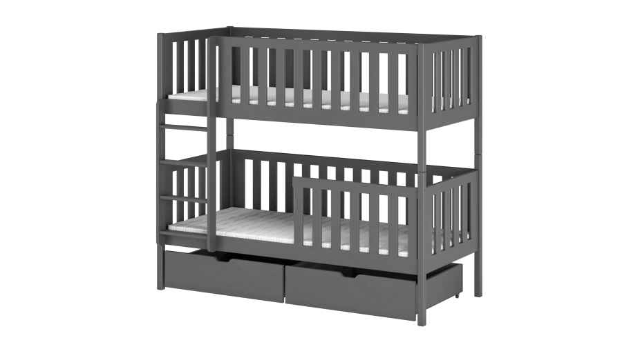 Graues Etagenbett aus Massivholz mit zwei Bettschubladen für Kinderzimmer.