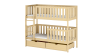 Naturfarbenes Etagenbett aus Kiefernholz mit Schubladen und Leiter.