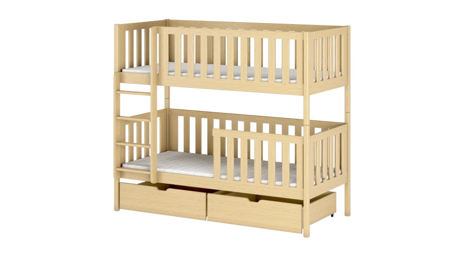 Naturfarbenes Etagenbett aus Kiefernholz mit Schubladen und Leiter.