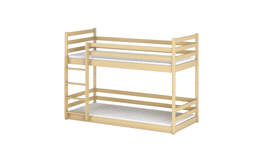 Klassisches Etagenbett aus hellem Holz mit Leiter für zwei Kinder.