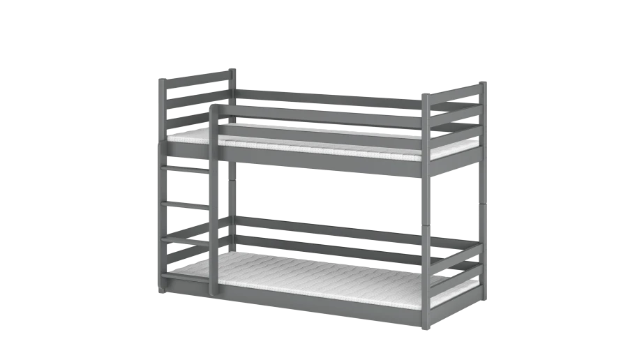 Graues Etagenbett aus Holz mit Leiter und horizontalem Geländer.