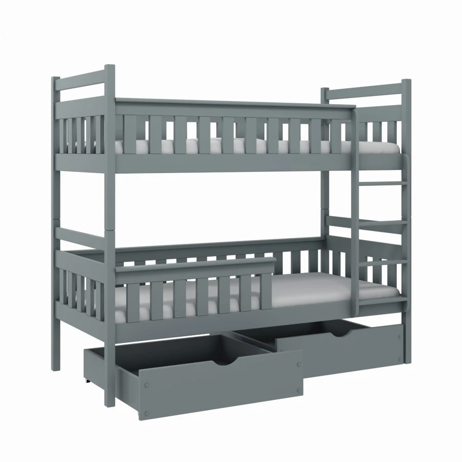 Graues Etagenbett mit zwei ausziehbaren Schubladen und Leiter rechts