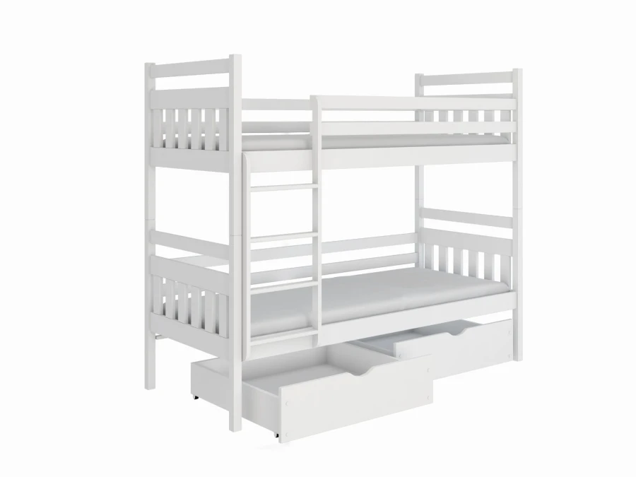 Weißes Etagenbett aus Massivholz mit zwei Schubladen für das Kinderzimmer.