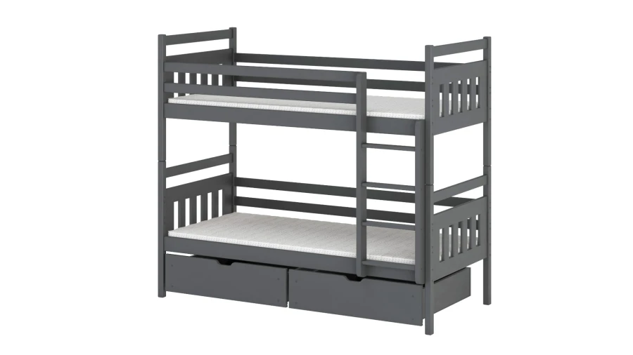 Graues Etagenbett aus Holz mit praktischen Schubfächern für zwei Kinder.