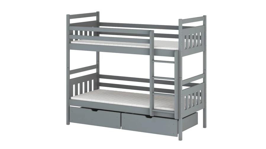 Modernes graues Stockbett mit Sicherheitsleiter und integriertem Stauraum.