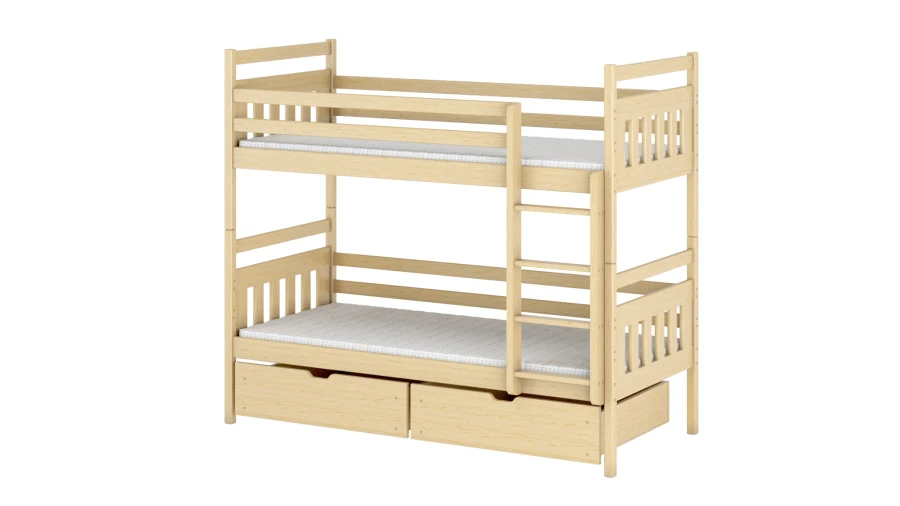 Bunk bed made of light natural wood with two pull-out bed bases.