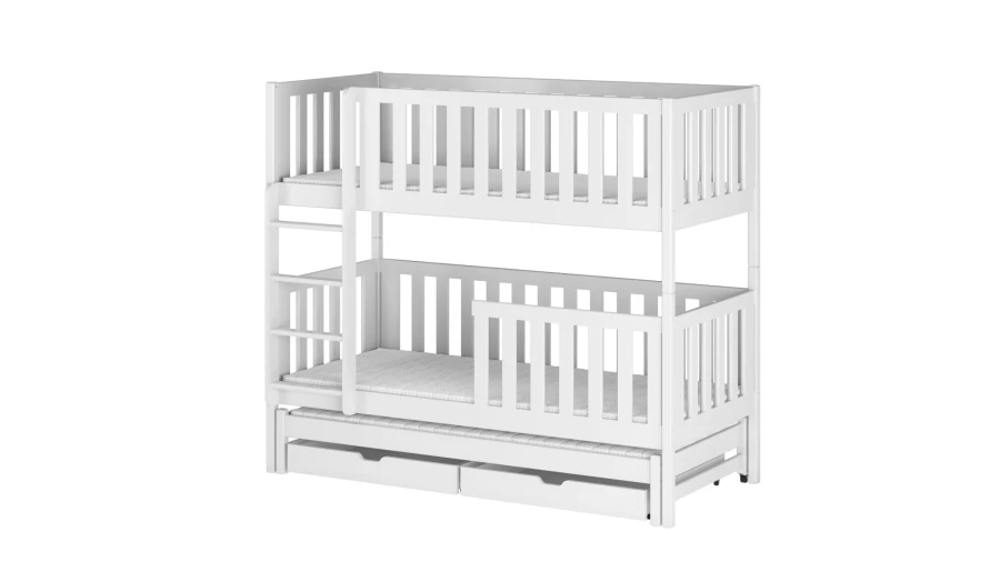 White children's bunk bed made of solid wood with safety rail and drawer elements.