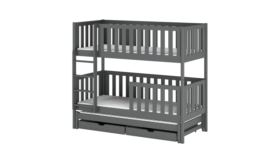 Dunkelgraues Etagenbett mit Leiter und zwei integrierten Schubkästen für das Kinderzimmer.