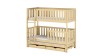 Natural wood bunk bed with two large bed drawers and side ladder.