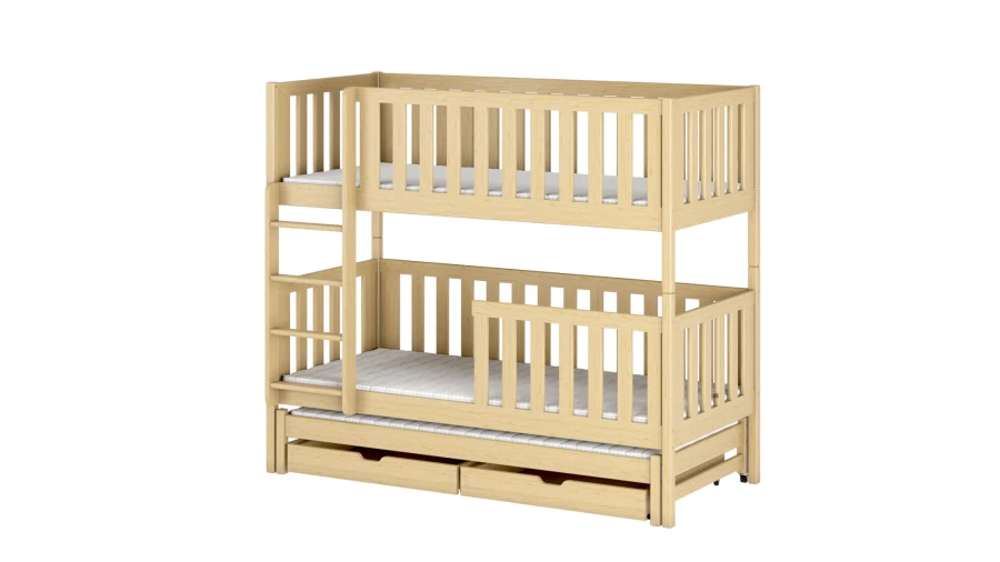 Natural wood bunk bed with two large bed drawers and side ladder.