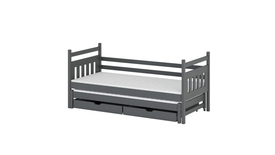 Graues Funktionsbett mit ausziehbarem Gästebett und zwei Schubladen für das Kinderzimmer.