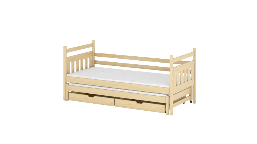 Naturfarbenes Kinderbett aus Kiefer mit Ausziehfunktion und praktischen Schubladen.