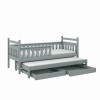 Graues Kinderbett mit Rausfallschutz, Ausziehbett und zwei Bettkasten-Schubladen.