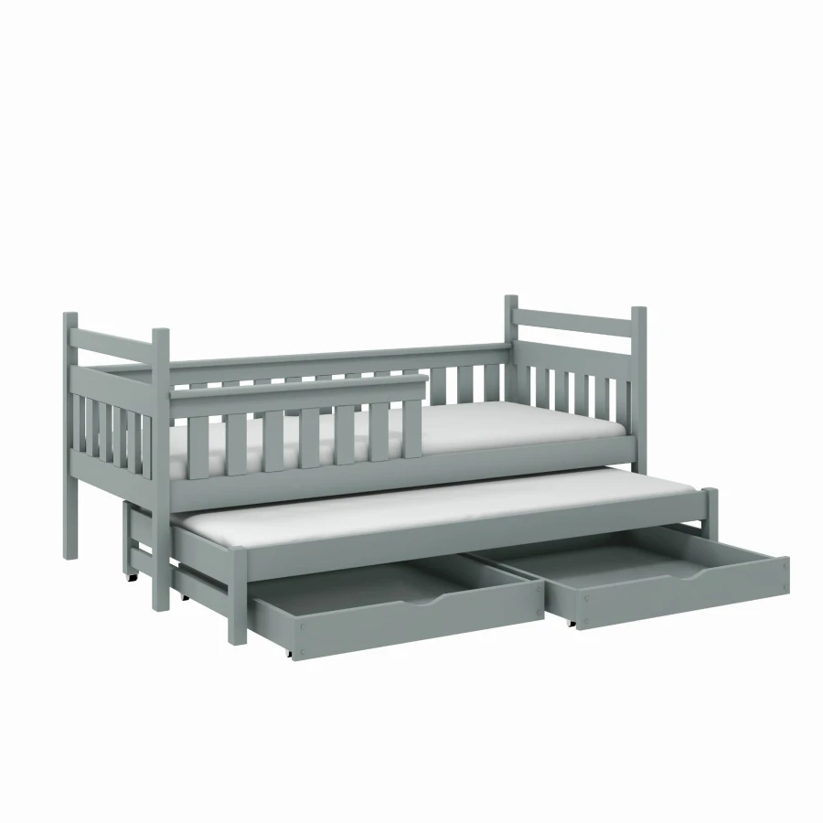 Graues Kinderbett mit Rausfallschutz, Ausziehbett und zwei Bettkasten-Schubladen.