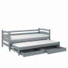 Graues Funktionsbett mit zwei Schlafplätzen und geräumigen Schubladen für Stauraum.