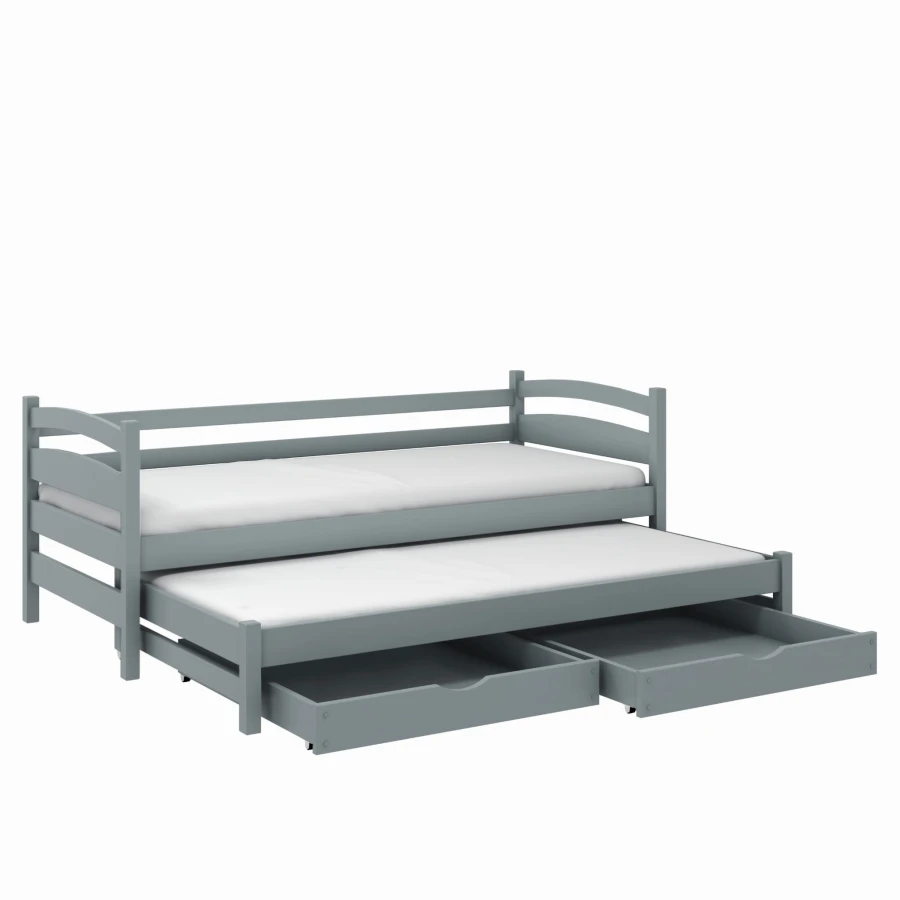 Graues Funktionsbett mit zwei Schlafplätzen und geräumigen Schubladen für Stauraum.