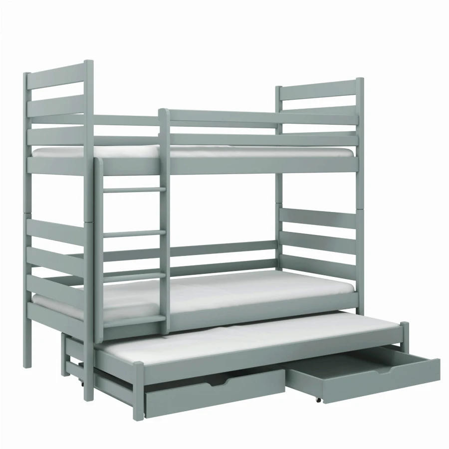 Modern grijs stapelbed met uitschuifbaar derde bed en laden.