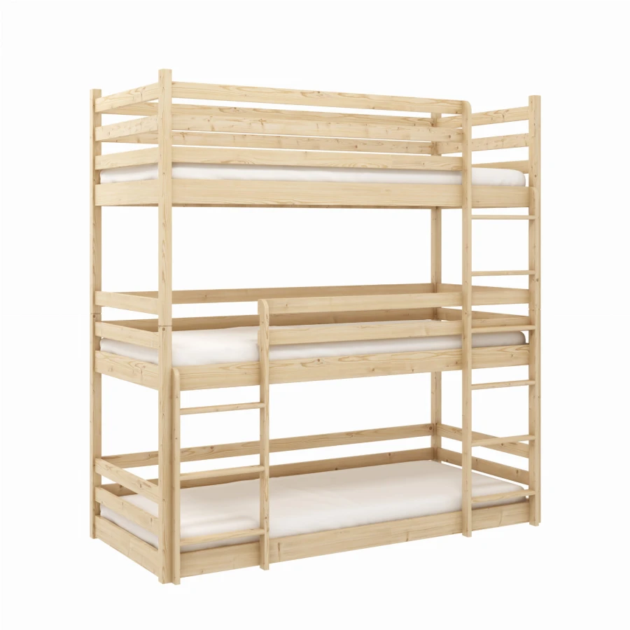 Robustes Triple-Stockbett aus hellem Kiefernholz für drei Personen.